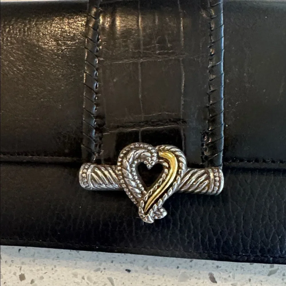 Brighton Y2K black leather crossbody Clutch silver and gold filigree heart snap